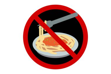 Beyaz arka planda çatal, yiyecek, düşük karbonhidrat diyeti, yaşam tarzı konsepti, vektör illüstrasyonlu spagetti tabağına karşı kırmızı ve siyah yasak işareti
