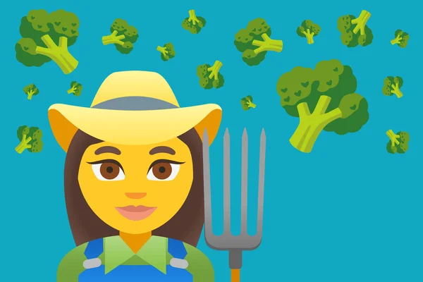 Mavi arkaplan üzerinde brokoli sebzesinin ortasında şapkalı ve yabalı kadın fotokopi alanı, vektör illüstrasyonu