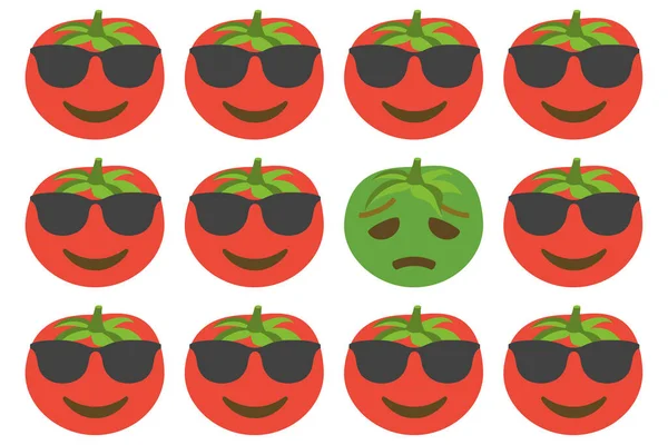 Güneş Gözlüklü Gülümseyen Kırmızı Domatesler Bir Yeşil Üzgün Domates Beyaz — Stok Vektör