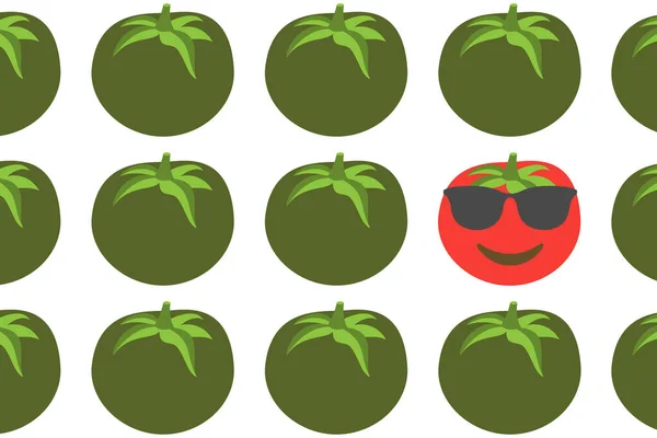 Yeşil Domatesler Güneş Gözlüklü Bir Gülümseyen Kırmızı Domates Beyaz Arka — Stok Vektör