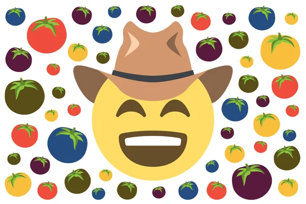 Beyaz arka planda çoklu renkli domates desenli kovboy şapkalı gülen yüz emojisi, konsept vektör çizimi