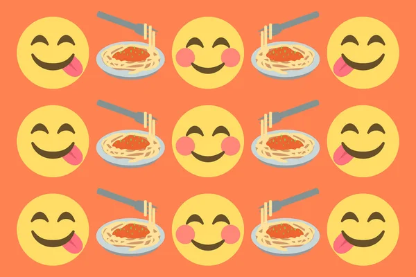 Faccine Sorridenti Spaghetti Pasta Motivo Emoji Food Sfondo Arancione Illustrazione — Vettoriale Stock
