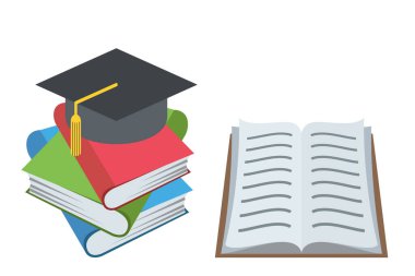 Mezuniyet şapkalı kitap yığını ve beyaz arkaplan, emoji konsepti, vektör illüstrasyonu üzerine açık kitap