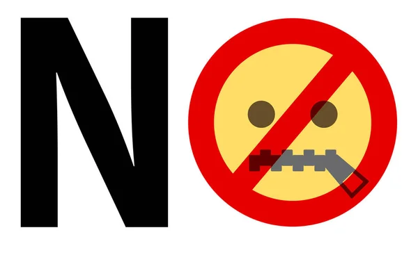 Kein Text Mit Verbotsschild Gegen Reißverschluss Mund Gesicht Emoji Auf — Stockvektor