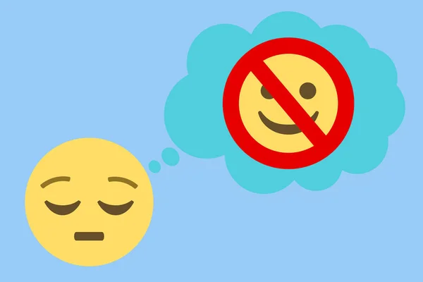 沉思的脸和思想泡沫 带有禁止微笑的标志 浅蓝色背景 情感性概念 矢量图解 — 图库矢量图片