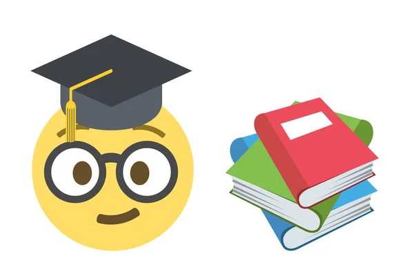 Emoji Cara Nerd Con Gorra Graduación Libros Sobre Fondo Blanco — Vector de stock