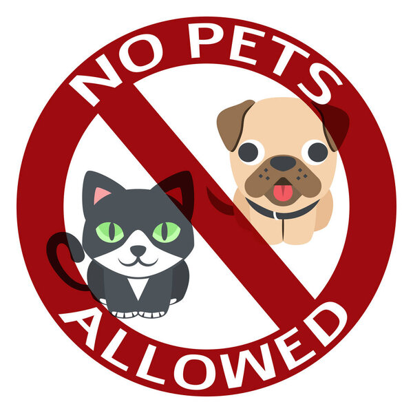 prohibition sign with text no pets allowed against cat and dog on white background,emoji warning sign,vector illustration