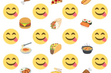 Gıda simgeleriyle gurme yüz, beyaz arkaplanda emoji deseni, vektör illüstrasyonu