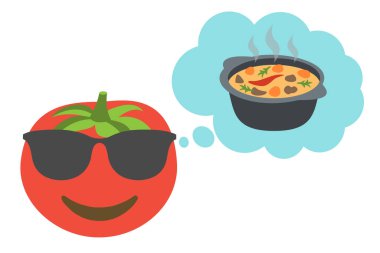 Güneş gözlüklü mutlu yüz domatesi ve beyaz arka planda yiyecek dolu düşünce balonu, vektör illüstrasyonu