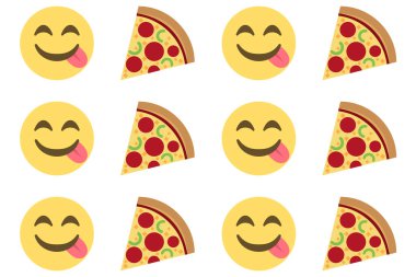 Pizza ile lezzetli yemekler yemek, beyaz arka planda emoji deseni, vektör illüstrasyonu