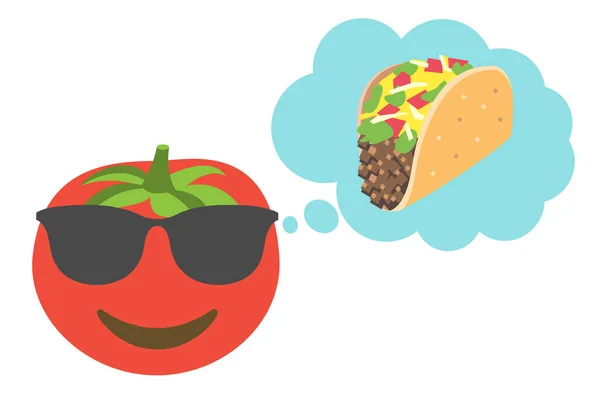 Güneş Gözlüklü Gülen Yüz Domatesi Beyaz Arka Planda Taco Olan — Stok Vektör