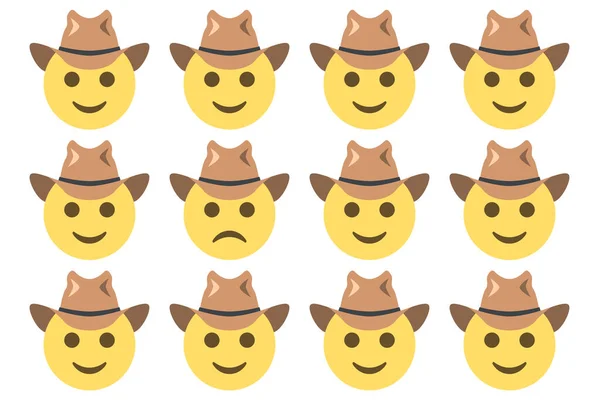 Uśmiechnięte Twarze Kowbojskim Kapeluszem Jedną Zmarszczoną Twarzą Wzorem Emotki Zróżnicowane — Wektor stockowy