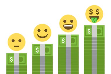 dollars banknotes columns with upward trend and emoji faces on white background,business,finance and economy concept,vector illustration