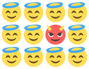 Haleli gülen yüzler ve boynuzlu gülen bir yüz, beyaz arkaplanda ifade şekli, vektör illüstrasyonu