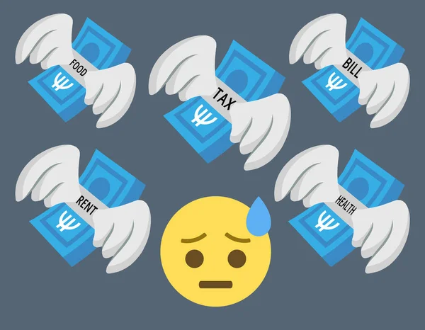 soğuk terli yüz emojisi ve uçuşan avro parası metin, vergi, fatura, sağlık, gıda, gri arka plan kirası, ekonomik sorunlar, borçlar, pahalı yaşam, hızlı banka, yaptırımlar, konsept vektör ilülasyonu