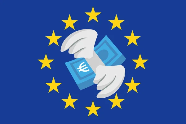 União Europeia Bandeira Dinheiro Euro Com Asas Fundo Recuperação Negócio — Vetor de Stock