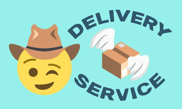 Delivery Service Text Package Wings Winking Face Hat Light Blue — Stock Vector