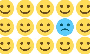 Beyaz arkaplanda somurtkan bir yüzü olan gülen emoji deseni, konsept vektör çizimi