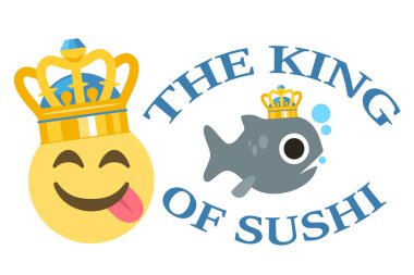 Suşi metninin ve yüzün kralı taçlı lezzetli yemek emojisi ve beyaz arka planda balık, vektör illüstrasyonu