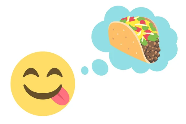 Beyaz arka planda taco ve konsept vektör illüstrasyonlu leziz yemek ve düşünce baloncuklarının tadını çıkaran yüz ifadeleri.