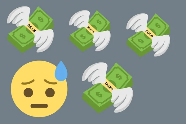 Emoji Faccia Con Sudore Freddo Icone Denaro Alato Con Testo — Vettoriale Stock