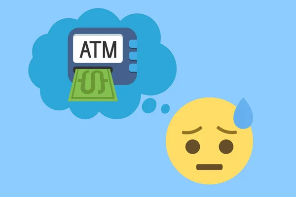 Soğuk terli emojili yüz ve mavi arka planda otomatik vezne makinesi simgesi olan düşünce balonu, hızlı banka, yaptırımlar, kriz, iş konsepti vektör çizimi