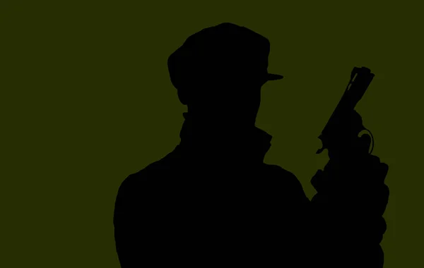 Silhouette Man Jacket Hat Armed Gun Green Background Vector Illustration — Stock Vector