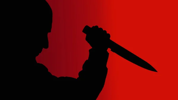 Silhouette Eines Furchterregenden Mannes Mit Messer Auf Rotem Hintergrund Mörder — Stockvektor