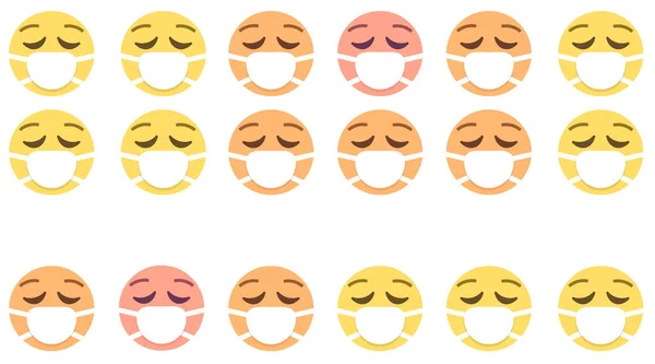 Visages Avec Masque Médical Différentes Couleurs Motif Emoji Sur Fond — Image vectorielle