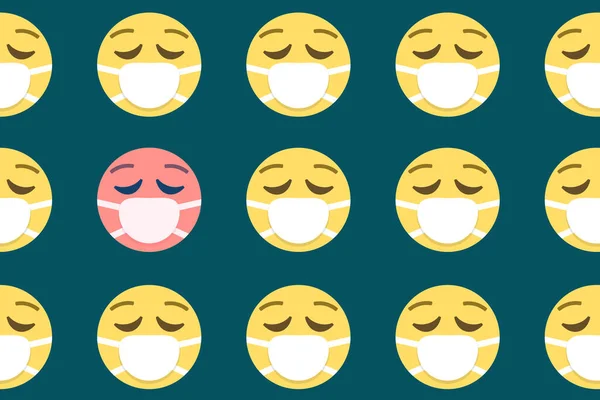 Gezichten Met Medisch Masker Met Een Rood Gezicht Emoji Patroon — Stockvector