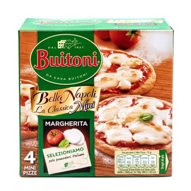 Buitoni Bella Napoli Classica, 4 paket donmuş mini pizza, beyaz arka planda izole edilmiş İtalyan ürünü.