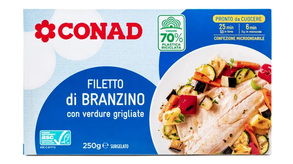 Conad Filetto di Branzino con veroll grigliate, ızgara sebzeli donmuş levrek paketi, beyaz arka planda izole edilmiş İtalyan ürünü.