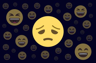 disappointed face surrounded by laughing faces in the darkness,mock,scoff,deride,concept vector illustration clipart