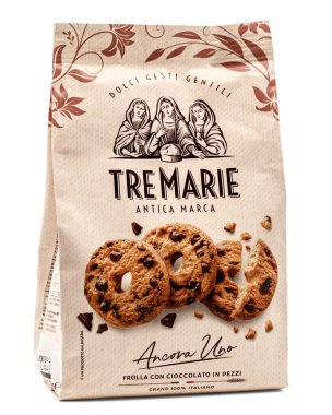 Galbusera Tre Marie Ancora Uno, çikolatalı bisküvi paketi, beyaz arka planda izole edilmiş İtalyan ürünü.