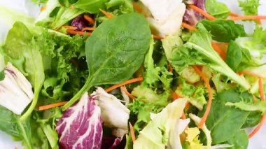 Havuçla karışık İtalyan salatası, salata, kıvırcık kıvırcık, kırmızı radicchio, bebek ıspanağı. Yukarıdan bakıldığında beyaz tabakta dönen video..