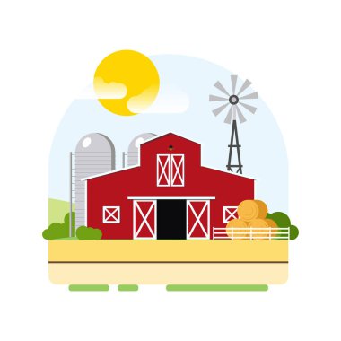 Çiftçilik, hasat. Tahıl ambarı Ahır. Eko Çiftçilik. vektör
