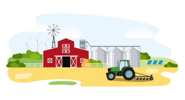 Çiftçilik, hasat. Tahıl ambarı Ahır. Eko Çiftçilik. vektör