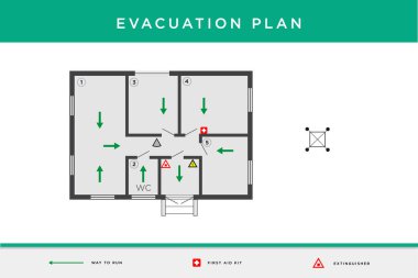 Tahliye planı. Yangın tahliye diyagramı. vektör