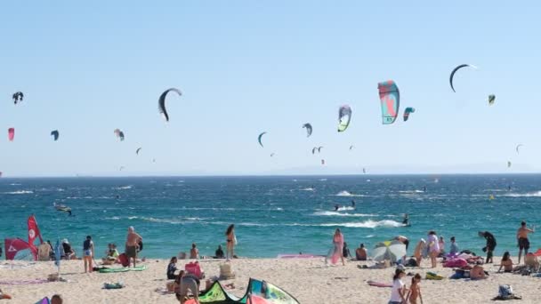 Вальдевакерос Испания Сентября 2022 Года Кайт Серфингисты Солнечные Ванны Пляже — стоковое видео