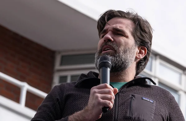 stock image London, UK. 11th March 2023. American actor Rob Delaney speaking at the SOS NHS National Demo in central London, supporting  striking healthcare workers demanding the government end the NHS crisis. 