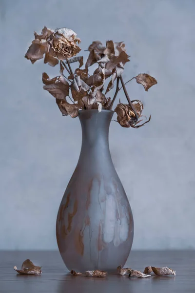 Bouquet Dried Flowers Glass Vase Fallen Leaves Base Cold Subdued Royalty Free Stock Images
