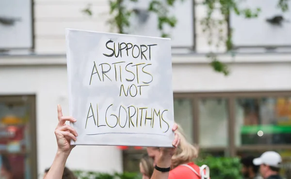 stock image London, UK. 21st July 2023. Signs held by Equity members at the Equity Union rally, London, in solidarity with SAG-AFTRA actors strike in USA, for fair pay, residual payments and issues on A.I.