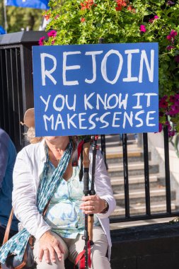 Londra, İngiltere. 23 Eylül 2023. İngiltere 'yi Avrupa Birliği' ne yeniden katılmaya çağıran Brexit karşıtı Ulusal Yeniden Katılım Yürüyüşü 'nde protesto işareti tutan AB yanlısı taraftar,.