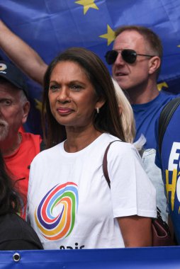 Londra, İngiltere. 23 Eylül 2023. Brexit karşıtı Ulusal Yeniden Katılım Yürüyüşü 'nün kurucusu Gina Miller, İngiltere' yi Avrupa Birliği 'ne yeniden katılmaya çağırdı..