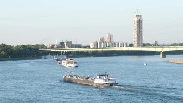 2023年8月23日在德国科隆莱茵河上的航运 背景是Axa塔楼和Zoobrucke桥 — 图库视频影像