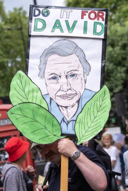 Londra, İngiltere. 22 Haziran 2024. Çevre protestocusu, Londra 'da düzenlenen protesto gösterisinde, doğa ve iklim acil durumları hakkında acil siyasi eylem çağrısında bulundu..