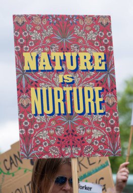 Londra, İngiltere. 22 Haziran 2024. Çevre protestocusu, Londra 'da düzenlenen protesto gösterisinde, doğa ve iklim acil durumları hakkında acil siyasi eylem çağrısında bulundu..