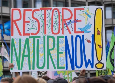 Londra, İngiltere. 22 Haziran 2024. Doğa 'yı Yenile' deki protesto tabelaları ve pankartları Londra 'daki gösteriyi protesto ederek, doğa ve iklim acil durumları hakkında acil siyasi eylem çağrısında bulundu..