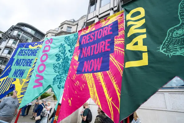 stock image London, UK. 22nd June 2024. Banners in a row at the Restore Nature Now protest demonstration in London, calling for urgent political action on the nature and climate emergencies.