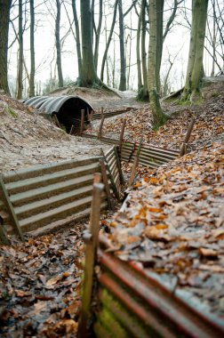 Birinci Dünya Savaşı 'nı koruyan müttefik siperler ve sığınaklar Sığınak Ormanı, Flanders, Ypres, Belçika.